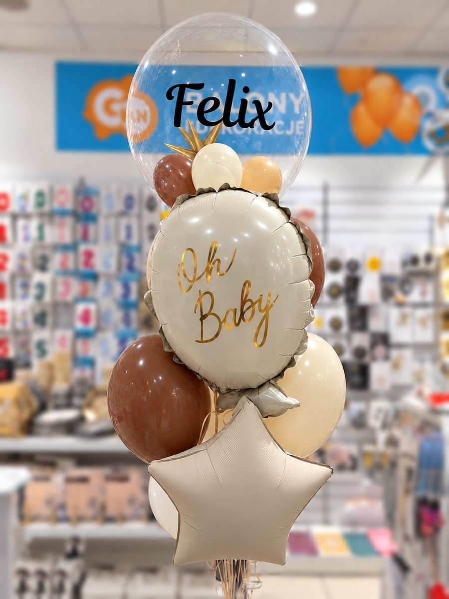 Bukiet balonów z helem „Oh Baby” z balonem bubble z imieniem Felix, w sklepie juppi