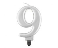 Świeczka Cyfra 9 metalik srebrna 8,0 cm