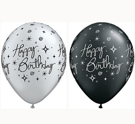 Balon QL 11" z nadr. "Happy Birthday", metalik czarny i srebrny / 25 szt.