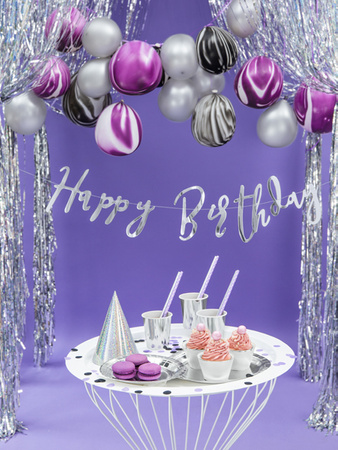 Baner Happy Birthday, srebrny, 16,5x62cm