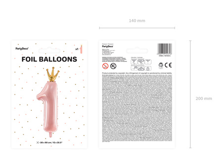 Balon foliowy Cyfra ''1'', 37x100 cm, jasny różowy