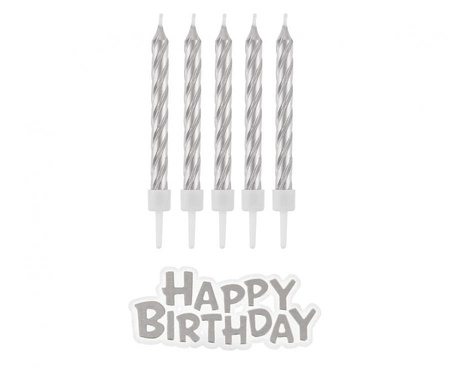 Świeczki urodzinowe Happy Birthday srebrne 16 szt.