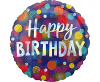 Balon foliowy 18" CIR Happy Birthday - Holo Iridescent Party Dots, zapakowany