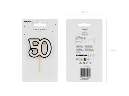 Świeczka urodzinowa liczba 50, 5,5cm, biało-czarny