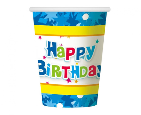 Kubeczki papierowe Happy Birthday niebieskie 270 ml 6 szt.