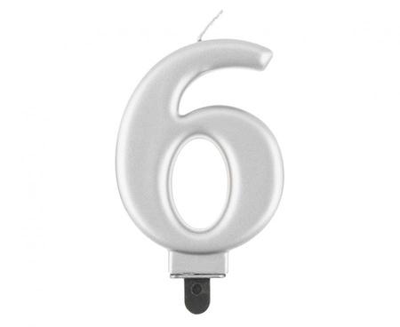 Świeczka Cyfra 6 metalik srebrna 8,0 cm