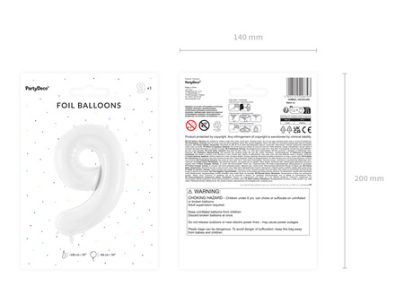 Balon foliowy Cyfra ''9'', 86 cm, biały