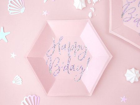 Talerzyki papierowe Happy B'day! jasny pudrowy róż 20 cm 6 szt.