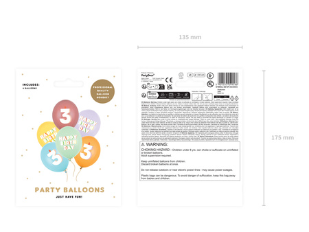 Balony lateksowe 3 urodziny Happy 3 Birthday mix 30 cm 6 szt.