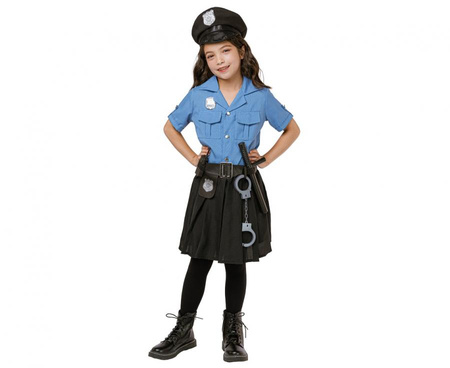 Zestaw dla dzieci Niebieska Policjantka (bluzka, spódnica, pasek, czapka, kajdanki, krótkofalówka, pałka), rozm. 110/120 cm
