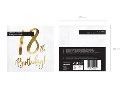 Serwetki papierowe 18 urodziny 18th Birthday białe 33 x 33 cm 20 szt.