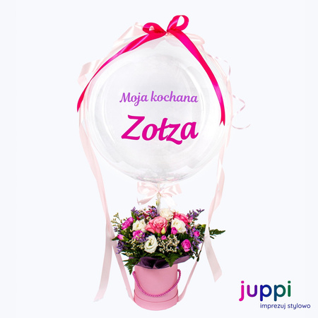 BOX prezentowy: balon Bubble + kwiaty + napis (personalizacja)
