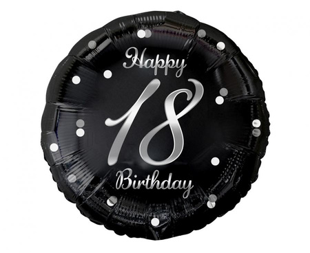 Balon foliowy B&C Happy 18 Birthday, czarny, nadruk srebrny, 18"