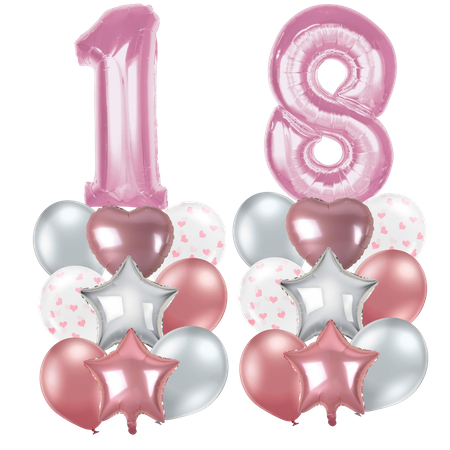 Bukiet balonów na 18 URODZINY, różowo-srebrny - opcja hel
