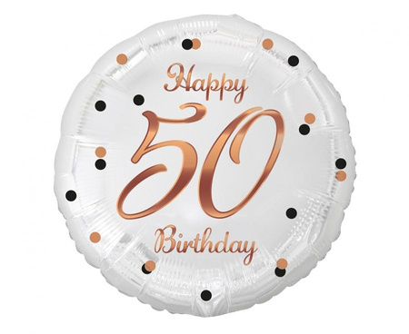 Balon foliowy B&C Happy 50 Birthday, biały, nadruk różowo-złoty, 18 cali
