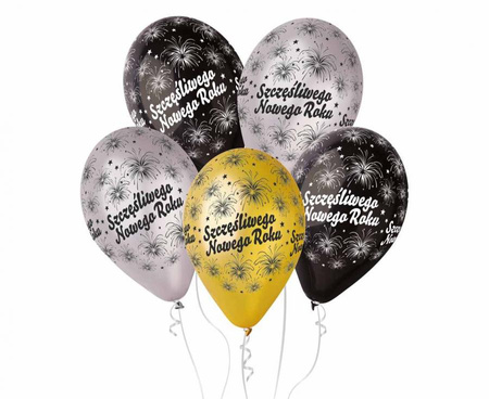Balony Premium "Szczęśliwego Nowego Roku", metaliczne, 12" / 6 szt.