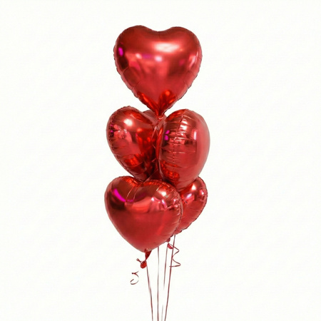 Balony serca czerwone 45 cm – bukiet 5 szt. (foliowe, na hel lub powietrze)