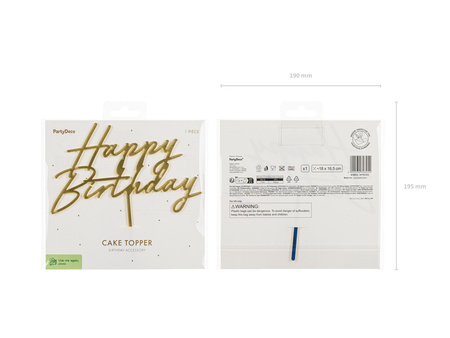 Topper akrylowy na tort Happy Birthday złoty 18 x 16,5 cm