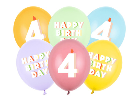 Balony lateksowe 4 urodziny Happy 4 Birthday mix 30 cm 6 szt.
