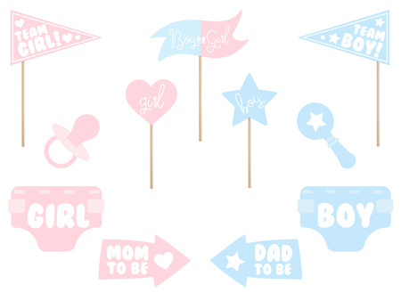 Gadżety do zdjęć Gender reveal party, mix (1 op. / 11 szt.)