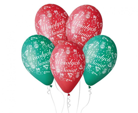 Balony Premium "Wesołych Świąt", czerwone i zielone, 12" / 5 szt.