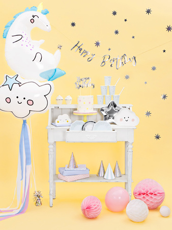 Baner Happy Birthday, srebrny, 16,5x62cm