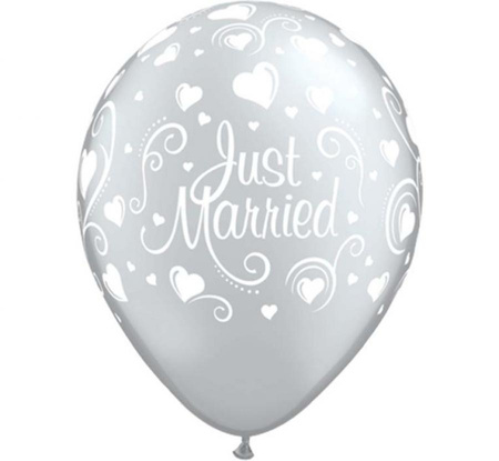 Balon QL 11" z nadr. "Just Married i serduszka", metalik srebrny/ 25 szt.