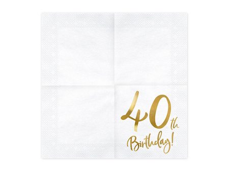 Serwetki papierowe 40 urodziny 40th Birthday białe 33 x 33 cm 20 szt.