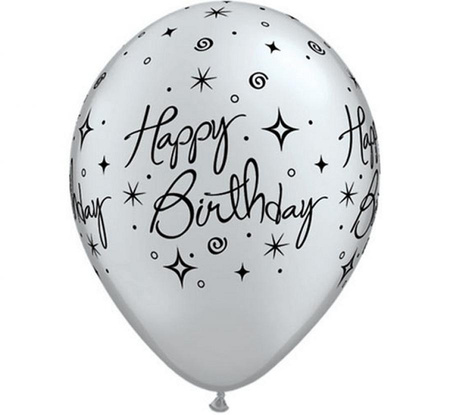 Balon QL 11" z nadr. "Happy Birthday - Elegant Sparkles & Swirls", metalik srebrny / 25 szt.