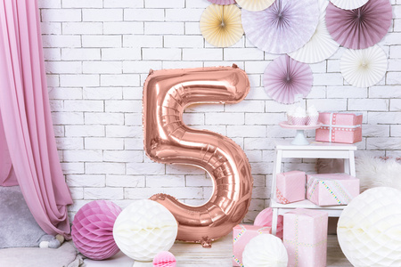 Balon foliowy Cyfra 5 różowe złoto 86 cm