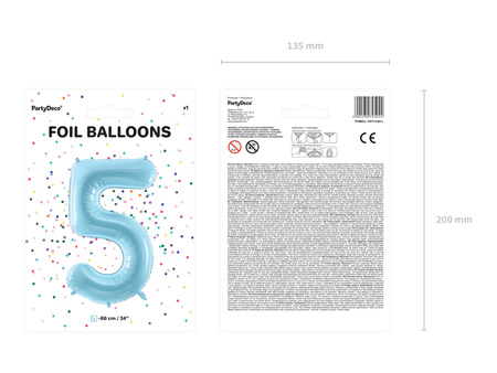Balon foliowy Cyfra ''5'', 86cm, jasny niebieski
