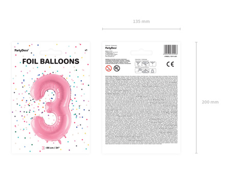 Balon foliowy Cyfra 3 różowy 86 cm