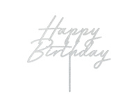 Topper akrylowy na tort Happy Birthday brokatowy srebrny 18 x 16,5 cm