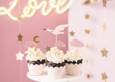 Dekoracje Baby Shower do muffinek Bocian różowe 11-12 cm 7 szt.