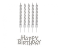 Świeczki urodzinowe Happy Birthday srebrne 16 szt.
