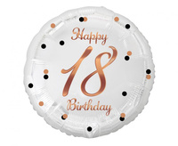 Balon foliowy 18 urodziny Happy 18 Birthday biały nadruk różowo-złoty 45 cm