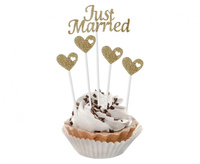 Pikery papierowe W&C Just Married, złote brokatowe, 5 szt.