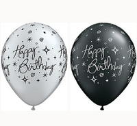 Balon QL 11" z nadr. "Happy Birthday", metalik czarny i srebrny