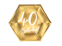 Talerzyki papierowe 40 urodziny 40th Birthday złote 20 cm 6 szt.