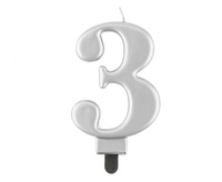 Świeczka Cyfra 3 metalik srebrna 8,0 cm