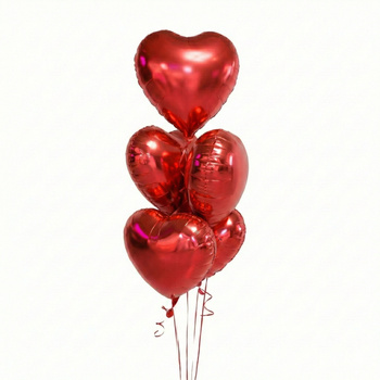 Balony serca czerwone 45 cm – bukiet 5 szt. (foliowe, na hel lub powietrze)