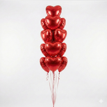 Balony serca czerwone 45 cm – bukiet 15 szt. (foliowe, na hel lub powietrze)