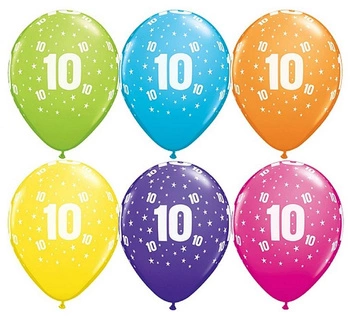 Balon QL 11" z nadr. "10", pastel mix tropikalny / 6 szt.
