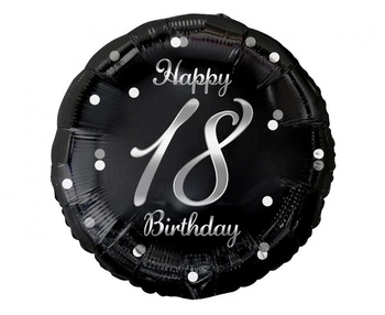 Balon foliowy B&C Happy 18 Birthday, czarny, nadruk srebrny, 18"