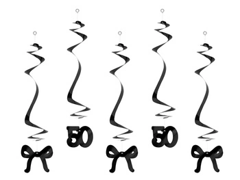 Świderki na 50 urodziny z kokardkami, 50 cm, czarne (1 op. / 5 szt.)