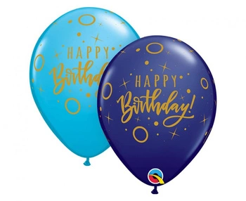 Balon QL 11" z nadr. "Happy Birthday - Dots & Sprinkles", pastel granatowy i niebieski / 25 szt.