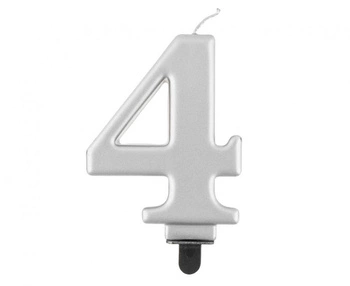 Świeczka B&C cyferka 4, metalik srebrna, 8,0 cm