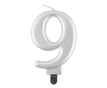 Świeczka B&C cyferka 9, metalik srebrna, 8,0 cm