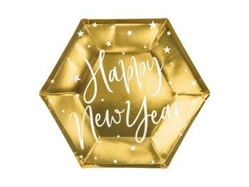 Talerzyki papierowe Sylwester Happy New Year złote 20 cm 6 szt.