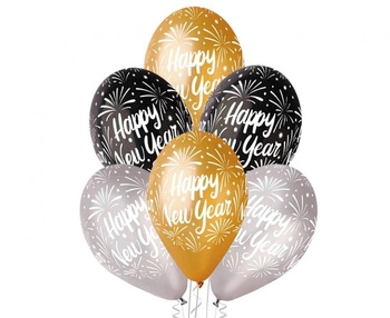 Balony Premium "Happy New Year", złote, srebrne, czarne, 12" / 6 szt.